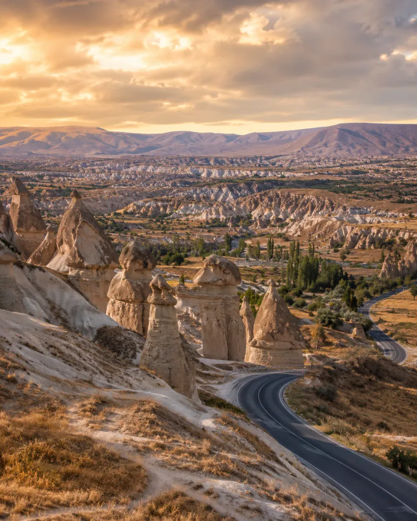 Kapadokya'da mantar biçimli peri bacalarının sıralandığı bir vadiden geçen asfalt kamu yolunun gün batımında, hiçbir araç olmadan çekilmiş görünümü