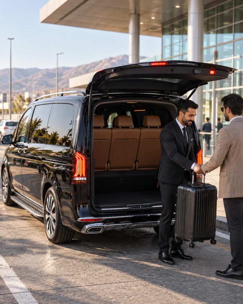 Schräge Heckansicht eines schwarzen Vanvia-VIP-Transferfahrzeugs mit geöffneter Heckklappe; der Chauffeur im Anzug übergibt vor einem verglasten Terminal einem Reisenden den Koffer