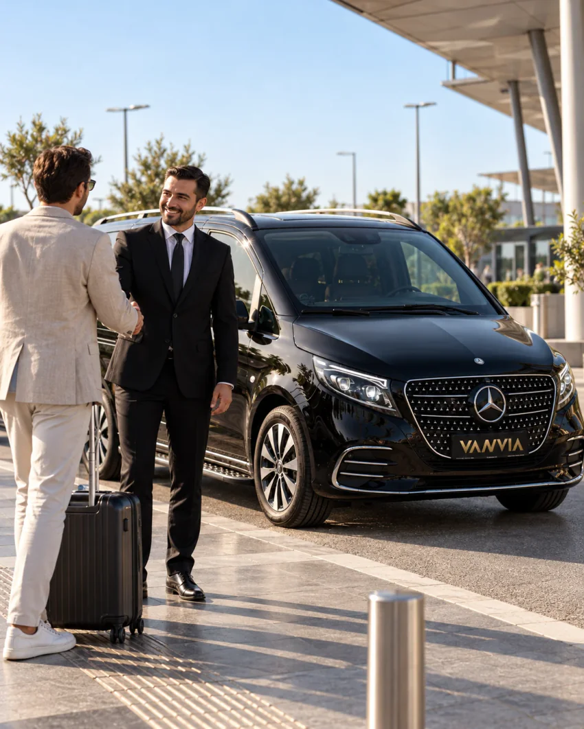 Ein Chauffeur im Anzug begrüßt einen Reisenden mit Koffer per Handschlag auf dem Gehweg unter einem Terminalvordach; dahinter steht ein schwarzes Vanvia-VIP-Transferfahrzeug