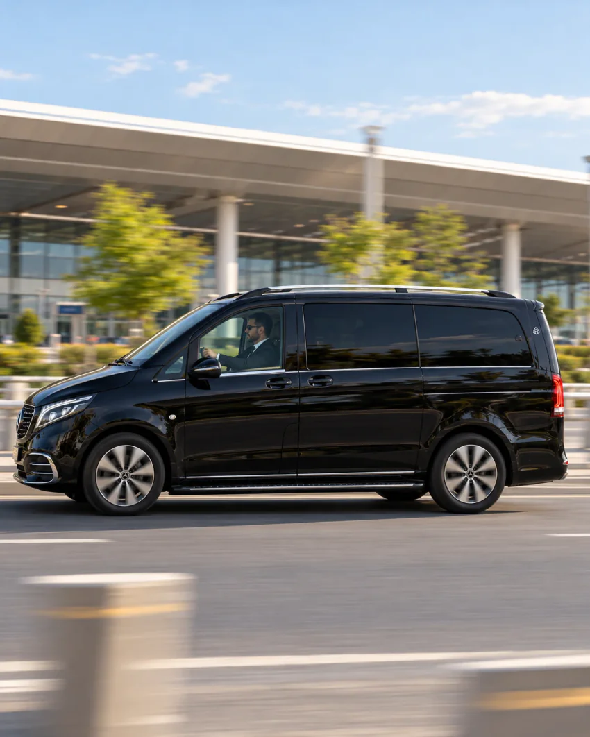 Seitenansicht eines schwarzen Vanvia-VIP-Transferfahrzeugs, das an einem langen verglasten Terminal vorbeifährt; durch das Seitenfenster ist ein Chauffeur im Anzug mit Sonnenbrille zu sehen