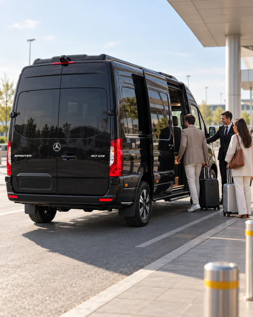 Schräge Heckansicht eines schwarzen Vanvia-VIP-Transferfahrzeugs mit geöffneter rechter Schiebetür und geschlossenen Hecktüren neben einem Terminalvordach; der Chauffeur hilft zwei Reisenden mit Koffern an der Tür