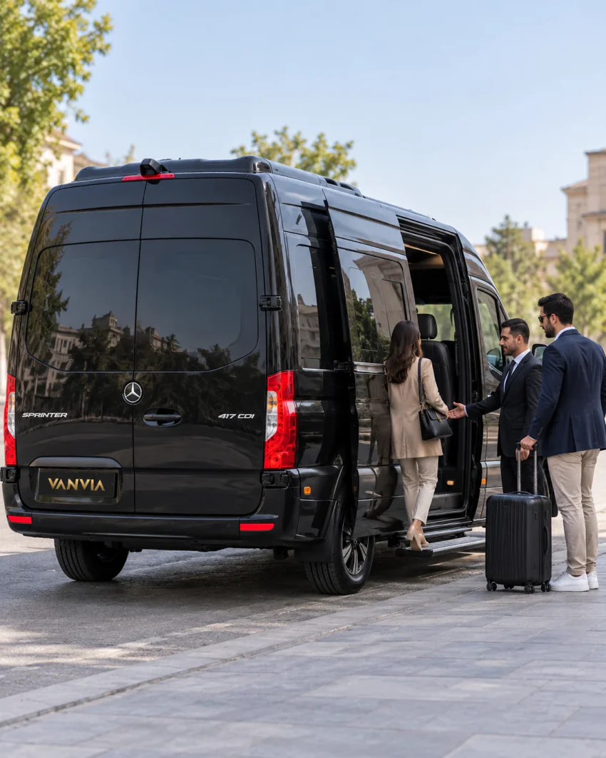 Schräge Heckansicht eines schwarzen Vanvia-VIP-Transferfahrzeugs mit geöffneter rechter Schiebetür; der Chauffeur bittet eine Reisende zur Tür, ein weiterer Reisender wartet mit Koffer auf dem Gehweg