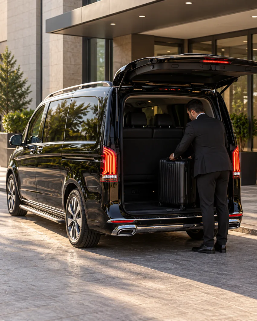 Schräge Heckansicht eines schwarzen Vanvia-VIP-Transferfahrzeugs mit geöffneter Heckklappe; der Chauffeur im Anzug legt vor einem überdachten Gebäudeeingang einen Koffer in den Kofferraum