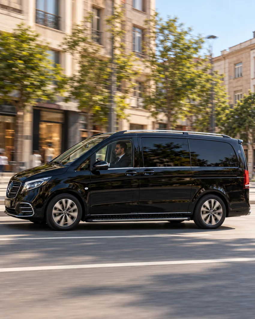 VIP-Transfer Kars: Seitenansicht eines schwarzen Vanvia-Fahrzeugs vor Gebäuden mit Steinfassaden und Schaufenstern; durch das Seitenfenster ist ein Chauffeur im Anzug mit Sonnenbrille zu sehen