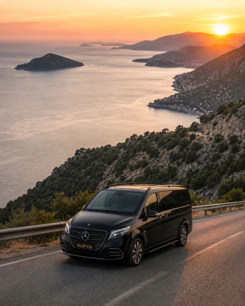 Kaş ile Dalaman Havalimanı arasındaki kıyı yolunda, güneşin denizin üzerinde alçaldığı bir anda ilerleyen siyah Vanvia VIP transfer aracının ön görünümü