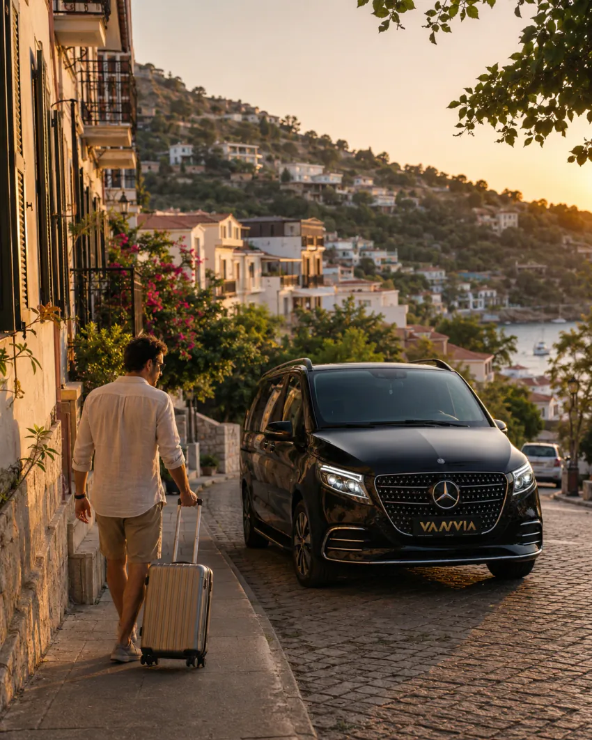 Kaş'ın eski şehir sokağında bavulunu çeken bir misafir ve yanında duran siyah Vanvia VIP transfer aracı, altın ışıkta, arka planda beyaz badanalı evler ve körfez