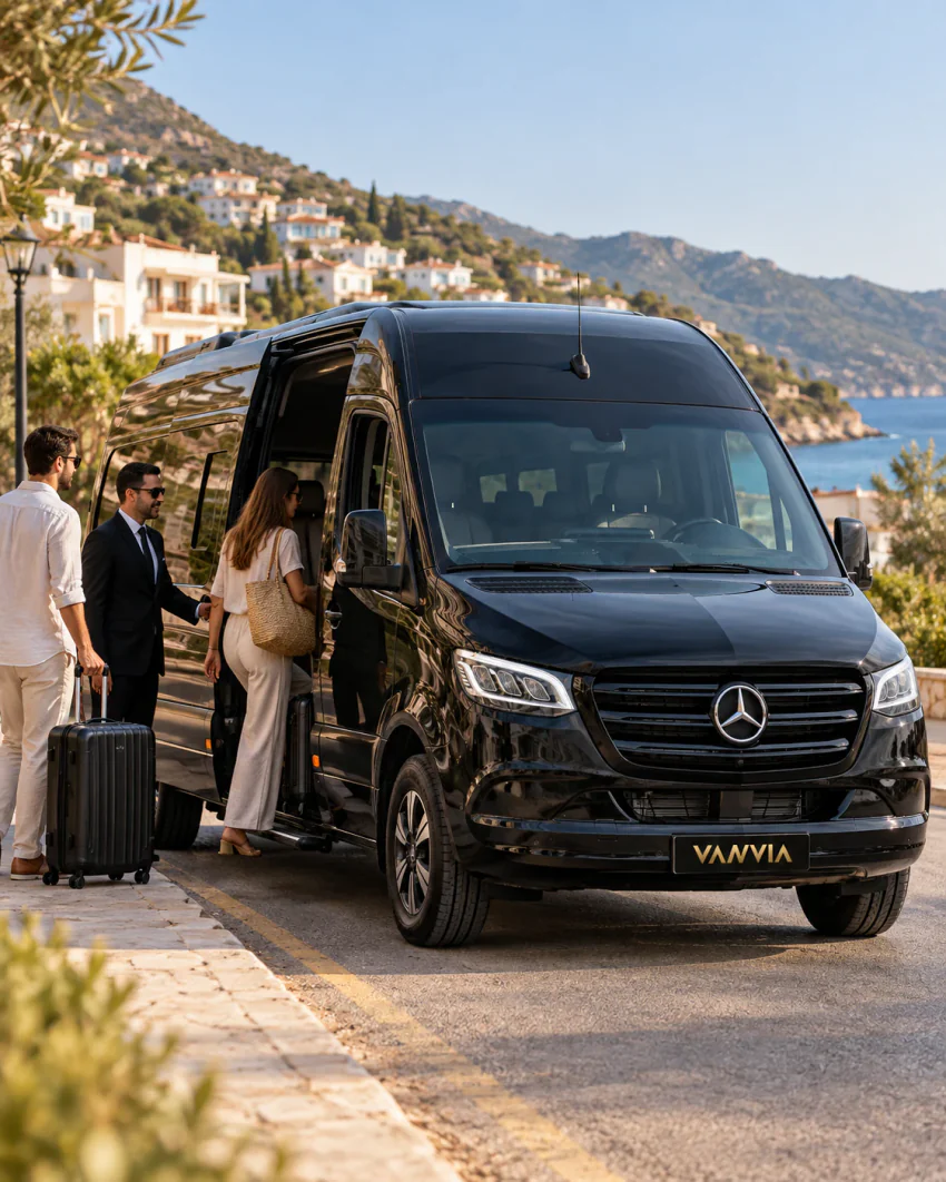 Пассажиры с чемоданами садятся в чёрный VIP-автомобиль Vanvia у тротуара прибрежной дороги под белыми домами на склоне в Каше; водитель ждёт у открытой боковой двери, позади видны горы и море