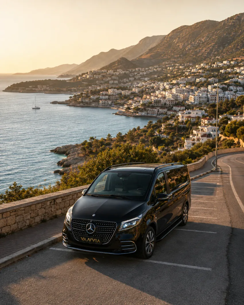Yamaçtaki bir kasabanın kıyıya doğru uzandığı bir manzara noktasında gün batımında duran siyah Vanvia VIP transfer aracının ön görünümü