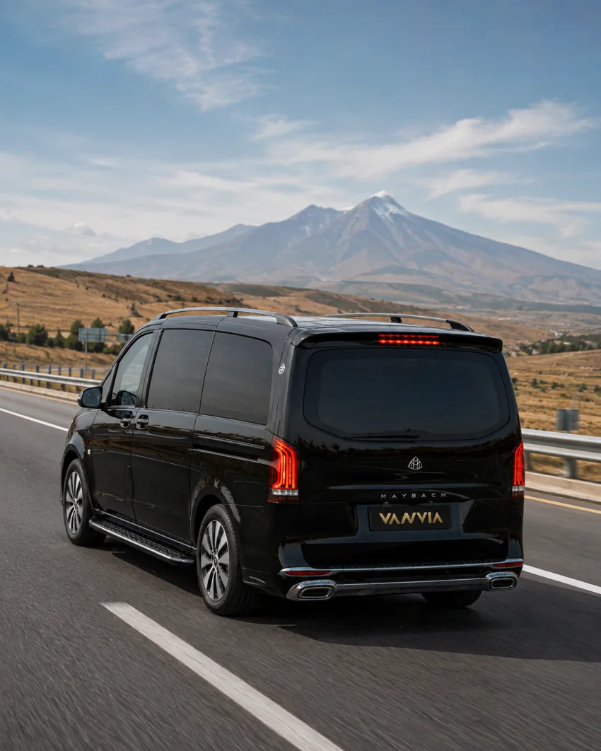 Bir Vanvia VIP transfer aracı, arka planda uzak bir coğrafi referans noktası olarak karla kaplı Erciyes Dağı'nın göründüğü açık bir kamu yolunda ilerliyor