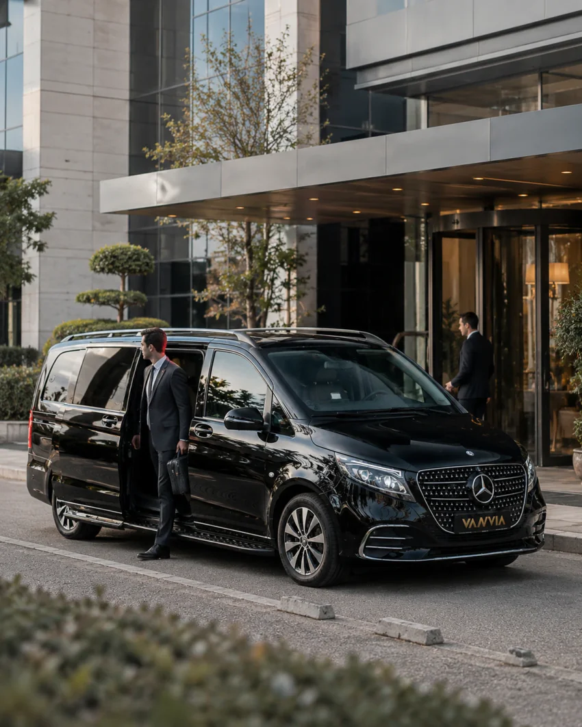 Kayseri'de modern bir ofis binasının önünde duran siyah Vanvia VIP transfer aracı, gündüz açık gökyüzü altında; herhangi bir işletmeyle özel bir iş birliği ima edilmez