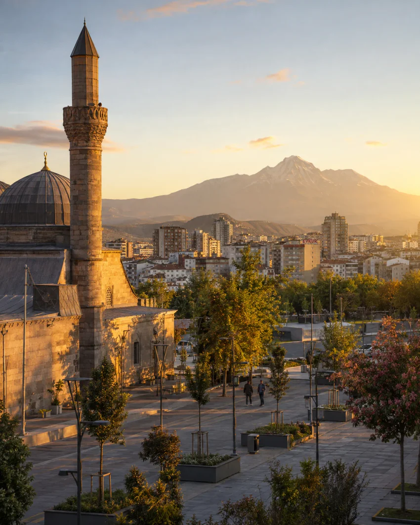 Kayseri'nin tarihi merkezinde gün batımında bir cami ve şehir manzarası, arka planda karla kaplı Erciyes Dağı'nın silueti görülüyor; hiçbir araç yok