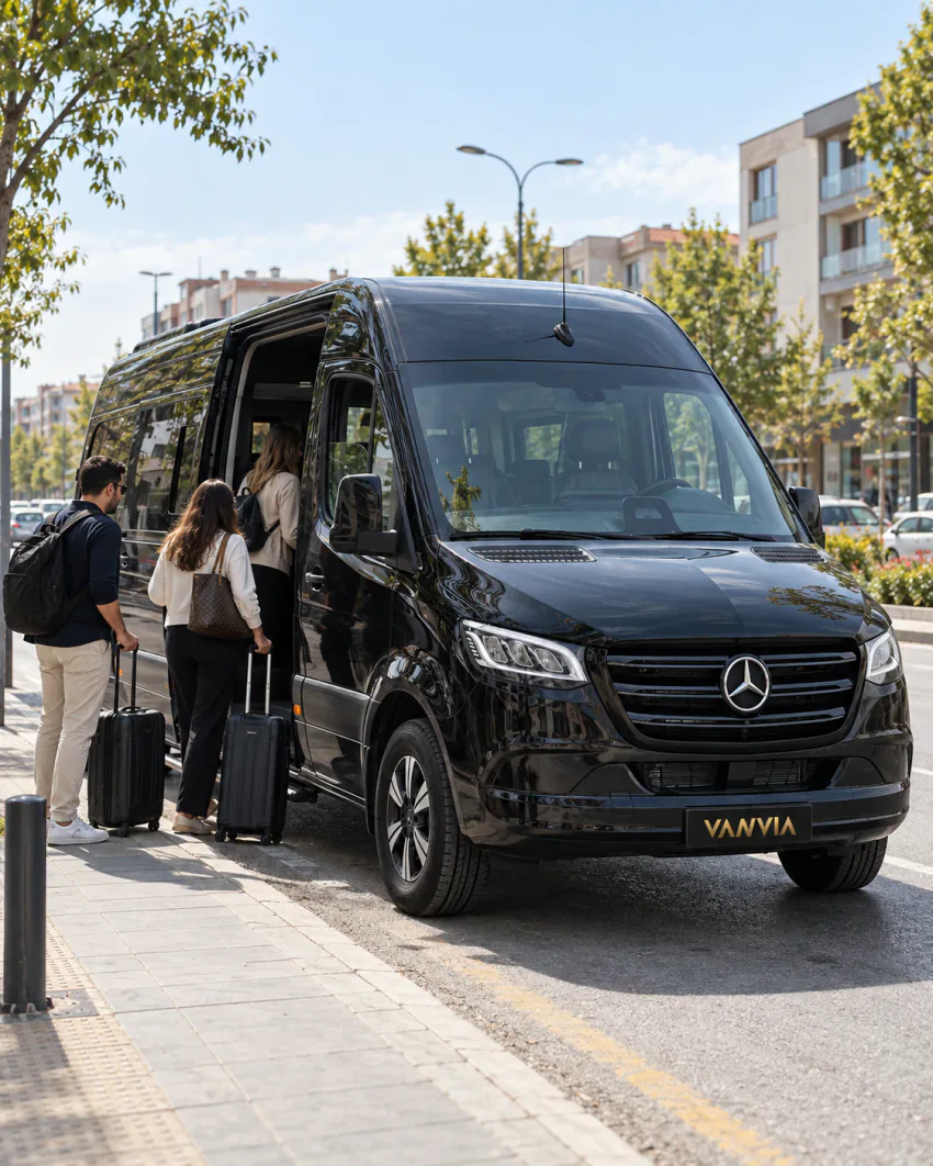 Fahrgäste steigen mit Rollkoffern am Straßenrand eines modernen Stadtboulevards in Konya in ein schwarzes Vanvia-VIP-Transferfahrzeug