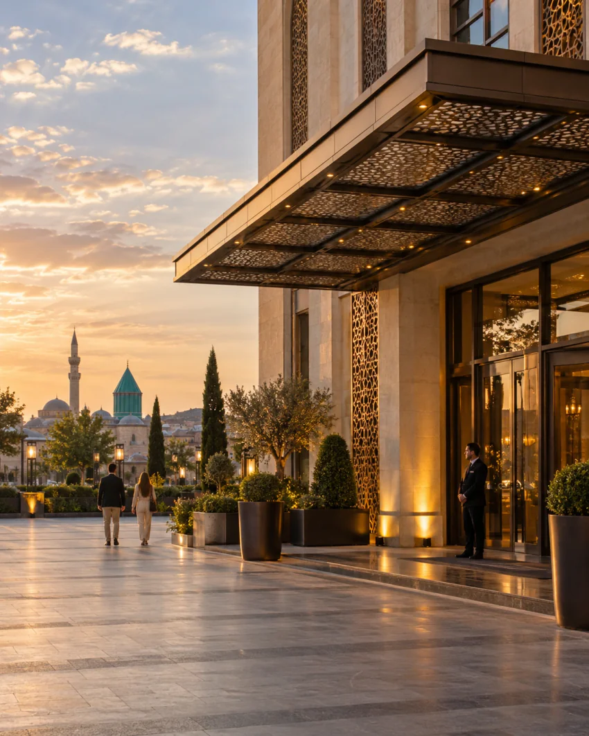 Ein Paar geht auf den Eingang eines modernen Hotels zu, wo ein Mitarbeiter wartet; in der Ferne ist in der Abenddämmerung die grüne Kuppel eines historischen religiösen Komplexes zu sehen; kein Hotelname sichtbar, kein Fahrzeug im Bild