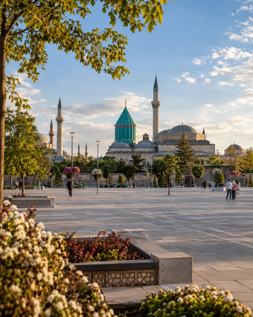 Ein Tagesblick auf einen weiten öffentlichen Platz in Konya; im Hintergrund sind der grün gekuppelte Grabturm und die Minarette eines historischen religiösen Komplexes zu sehen, Besucher gehen über den Platz, Blumenarrangements sind zu sehen; kein Fahrzeug im Bild