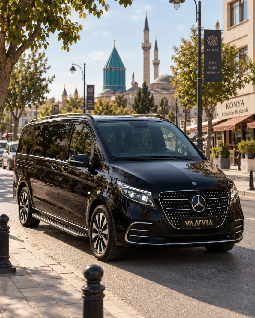 Ein schwarzes Vanvia-VIP-Transferfahrzeug fährt eine gewöhnliche öffentliche Straße in Konya entlang, gesäumt von Geschäften und Cafés; in der Ferne ist die grüne Kuppel eines historischen religiösen Komplexes zu sehen