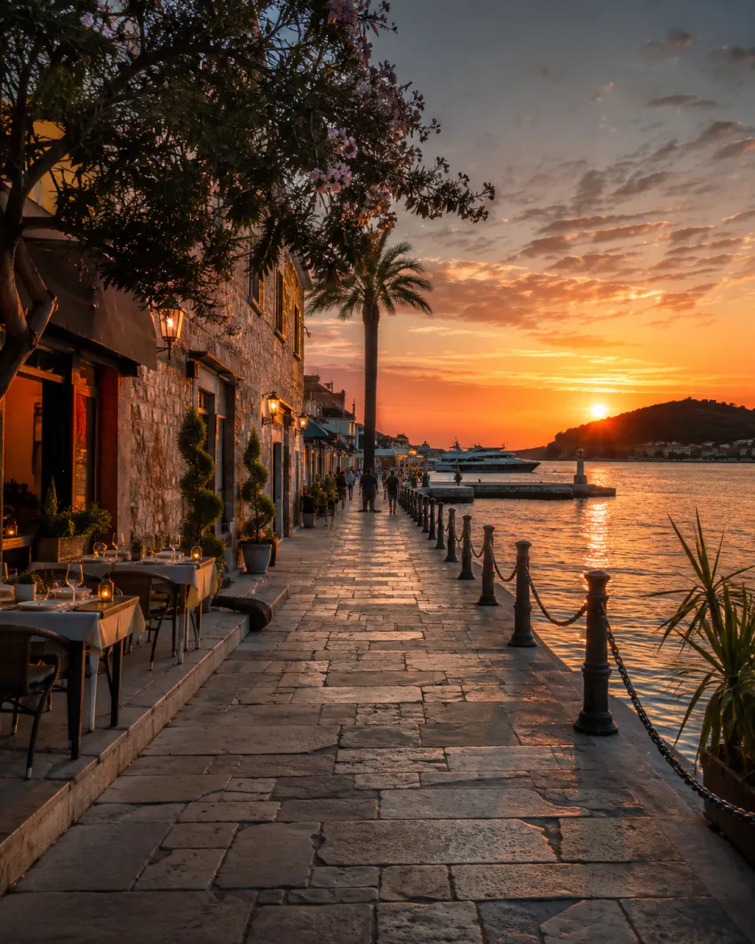 Visitors walking at sunset along a pedestrian waterfront lane in Kuşadası's Kaleiçi district, lined with stone buildings, open-air restaurant tables and a palm tree, with moored boats and the sea behind