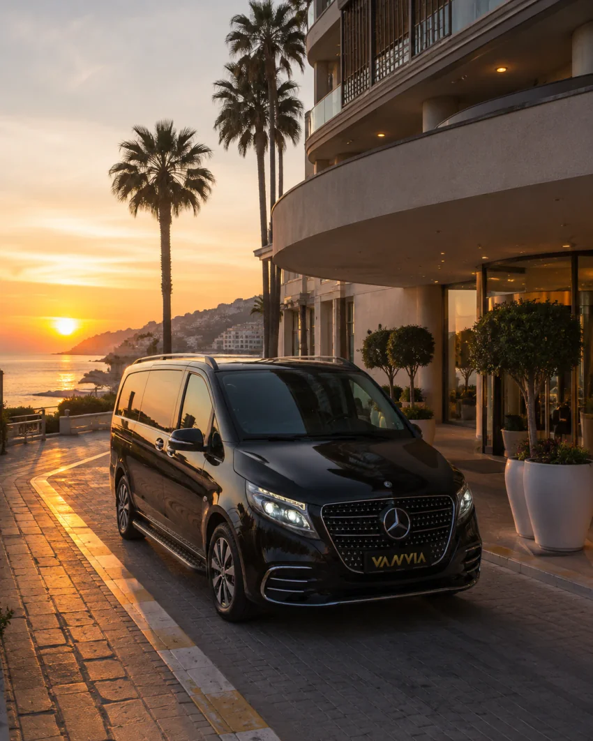 The front view of a black Vanvia VIP transfer vehicle standing on the covered driveway of a palm-lined hotel entrance at sunset, with a sea view beyond and the hotel building behind