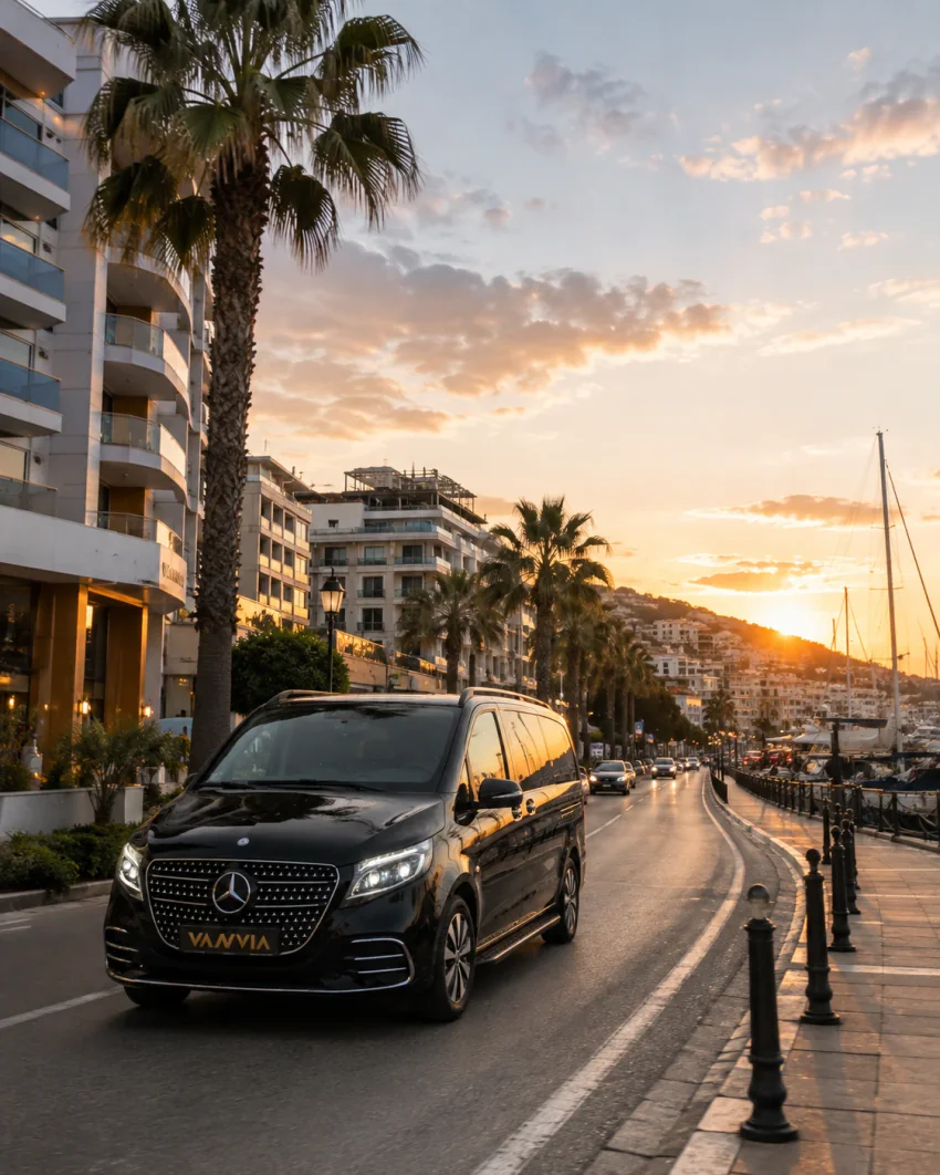 The front view of a black Vanvia VIP transfer vehicle driving along a palm-lined coastal boulevard in golden-hour light, with a multi-story building silhouette and sailboat masts in a marina visible behind