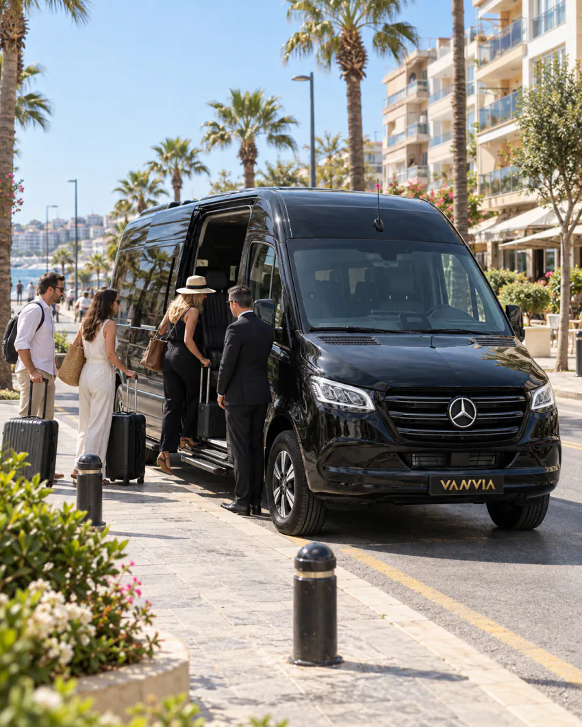 Passengers boarding a black Vanvia VIP transfer vehicle with their own suitcases at the pavement of a palm-lined seafront boulevard in Kuşadası, the coastline visible behind and the driver waiting beside the open side door