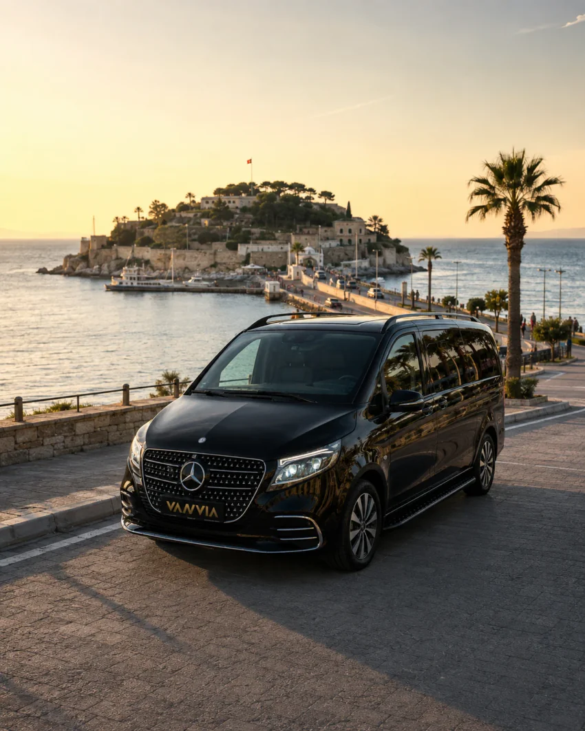 The front view of a black Vanvia VIP transfer vehicle parked on a public waterfront square in Kuşadası at sunset, with the pedestrian causeway to Güvercinada (Pigeon Island) and its historic fortress visible across the water
