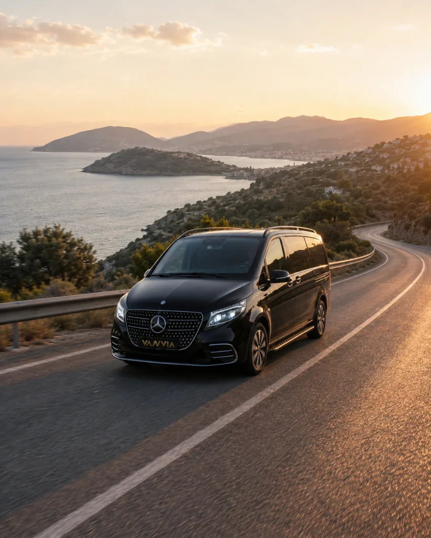 The front view of a black Vanvia VIP transfer vehicle driving in golden-hour light on an open coastal road toward Kuşadası, with the sea, a headland and a hillside settlement visible in the distance