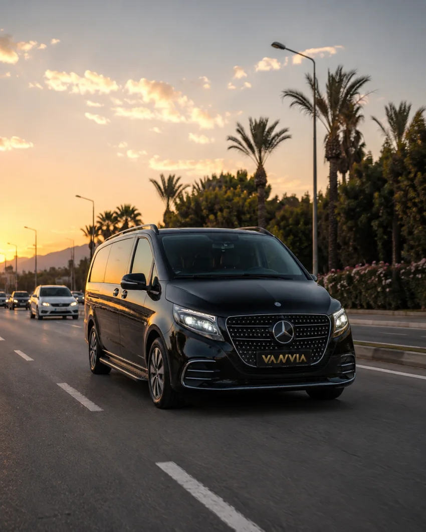 Antalya Havalimanı yönündeki açık, çok şeritli bir yolda gün batımında ilerleyen siyah Vanvia VIP transfer aracının ön görünümü, arka planda dağ silüeti