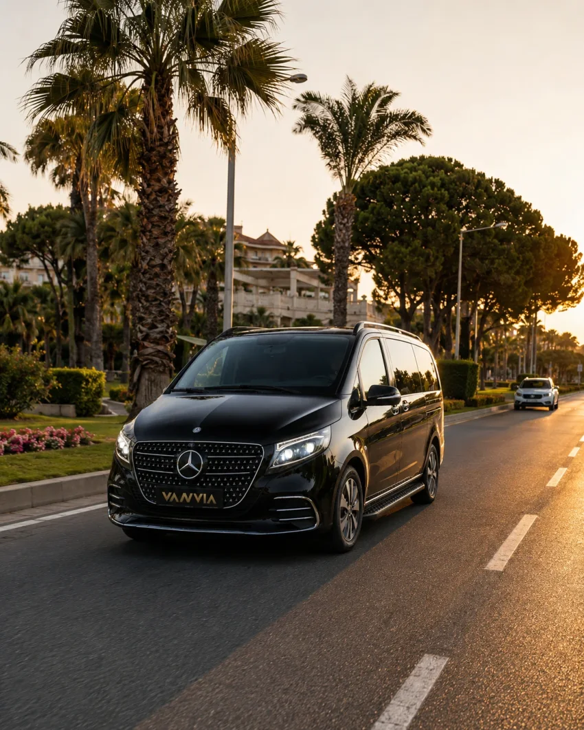 Kundu resort bölgesinde palmiye ve çam ağaçlarıyla bölünmüş bir bulvar yolunda altın ışıkta ilerleyen siyah Vanvia VIP transfer aracının ön görünümü