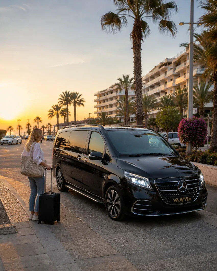 Lara sahil bulvarında bavuluyla bekleyen bir misafirin yanında duran siyah Vanvia VIP transfer aracının gün batımındaki görünümü, arka planda çok katlı otel binaları