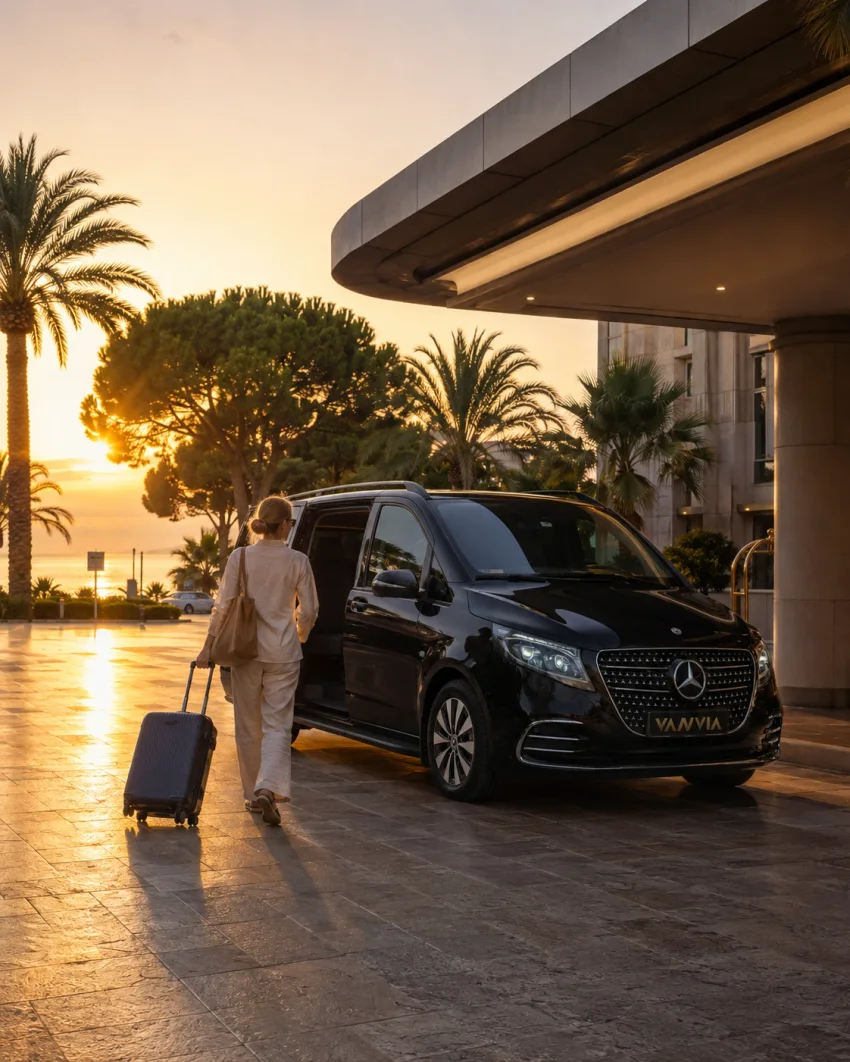 Bavuluyla bir resort otelin kapalı girişine doğru yürüyen bir misafir ve arkasında bekleyen siyah Vanvia VIP transfer aracı, gün batımında, uzakta deniz manzarası