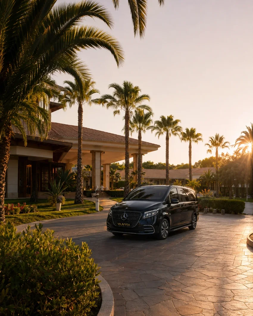 Kundu'da palmiye ağaçlarıyla çevrili bir resort otel girişinde gün batımında bekleyen siyah Vanvia VIP transfer aracının ön görünümü