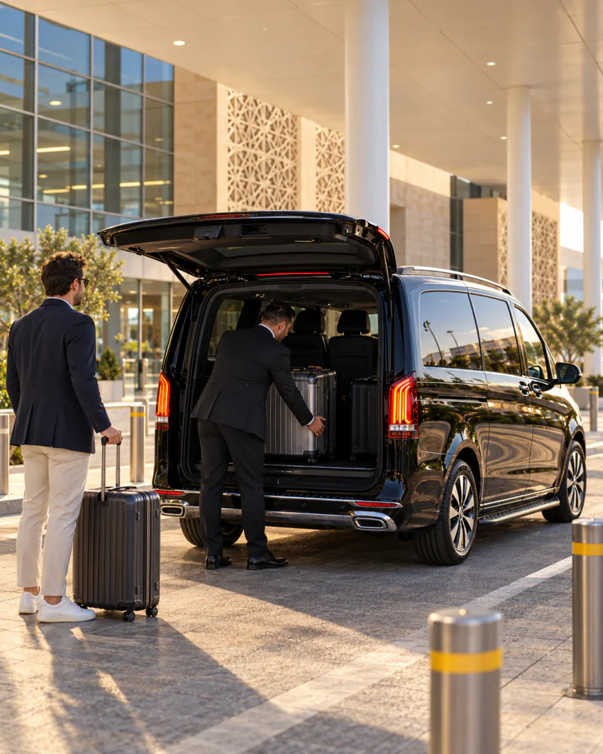 Bagaj kapağı açık siyah Vanvia VIP transfer aracına takım elbiseli şoför valiz yerleştiriyor; yanında valizli bir yolcu bekliyor