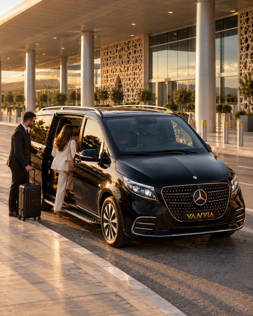 Terminal kaldırımında yan kapısı açık siyah Vanvia VIP transfer aracına binen bir misafir; takım elbiseli şoför valizini tutuyor