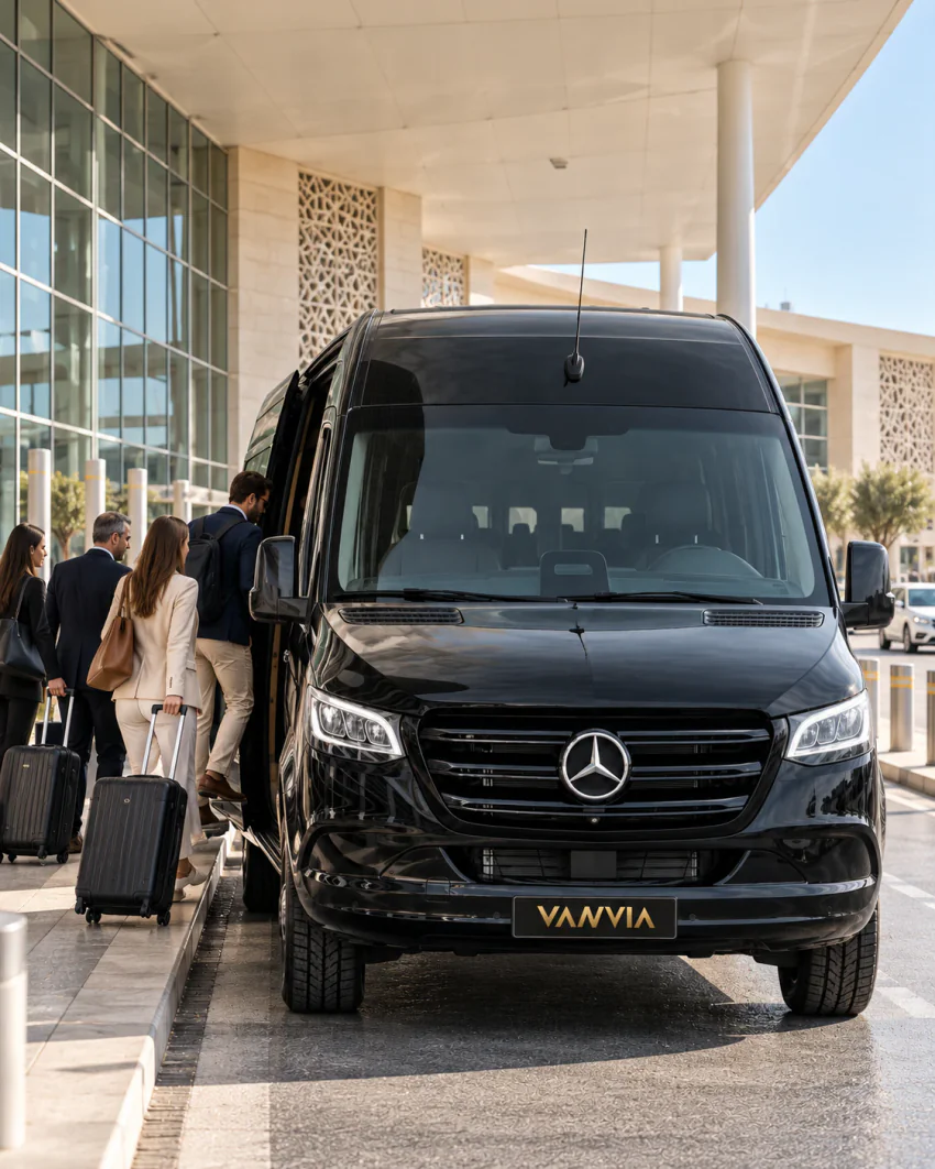 Taş cepheli bir terminalin önünde duran siyah Vanvia VIP transfer aracının önden görünümü; valizli yolcular yan kapıdan araca biniyor