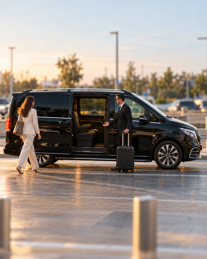 Geniş ve açık bir varış alanında, yan kapısı açık siyah Vanvia VIP transfer aracı; takım elbiseli şoför bir valizle bekliyor, misafir araca doğru yürüyor