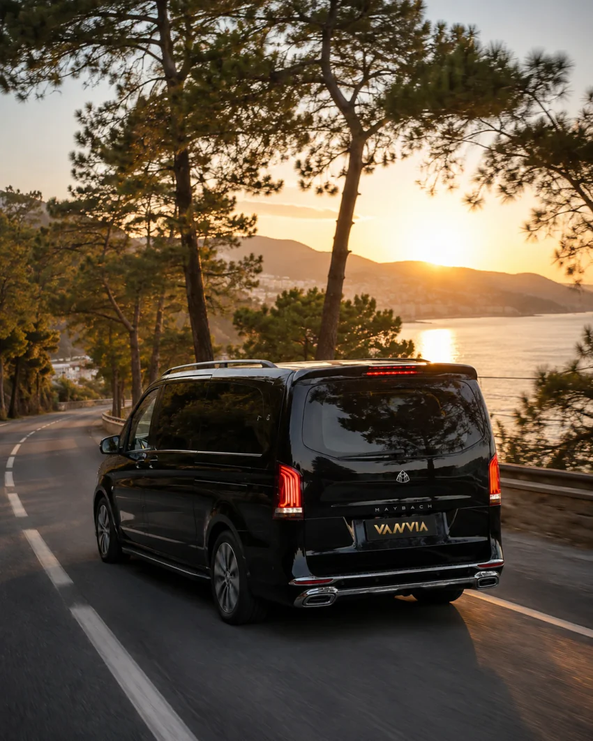 A rear view of a black Vanvia VIP transfer vehicle driving a pine-lined coastal road near Marmaris at sunset, with the bay and town visible below