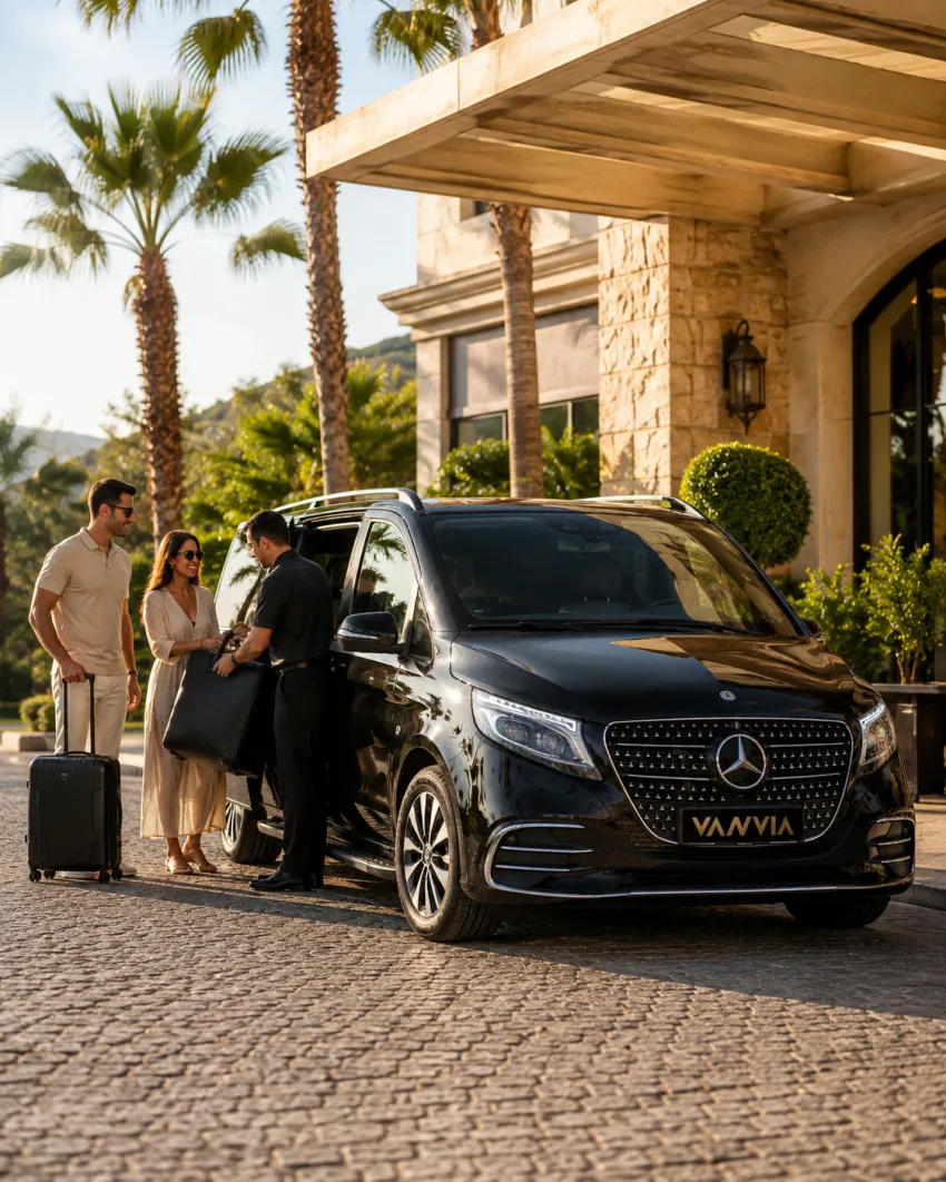A couple at the entrance of a palm-lined Marmaris hotel in daylight, with the driver receiving their luggage beside a black Vanvia VIP transfer vehicle