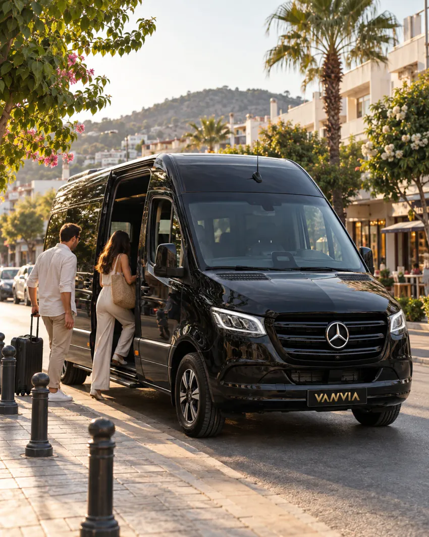 Marmaris'te palmiyeler ve begonvillerin arasındaki cadde kenarında siyah Vanvia VIP transfer aracına binen yolcular, arka planda yamaca kurulu kasaba
