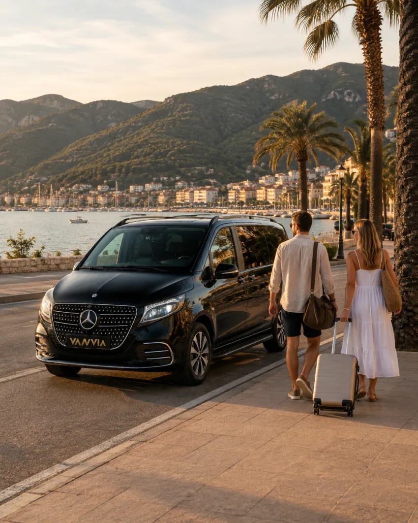 A black Vanvia VIP transfer vehicle on Marmaris's palm-lined waterfront, with passengers walking alongside their luggage and the marina and hillside town in view