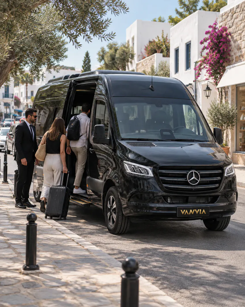 Badanalı beyaz evlerin, begonvillerin ve zeytin dallarının sıralandığı dar bir yarımada kasabası sokağının kenarında duran siyah Vanvia VIP transfer aracına gündüz binen yolcular; şoför açık yan kapının yanında bekliyor, yolculardan biri tekerlekli valizini çekiyor