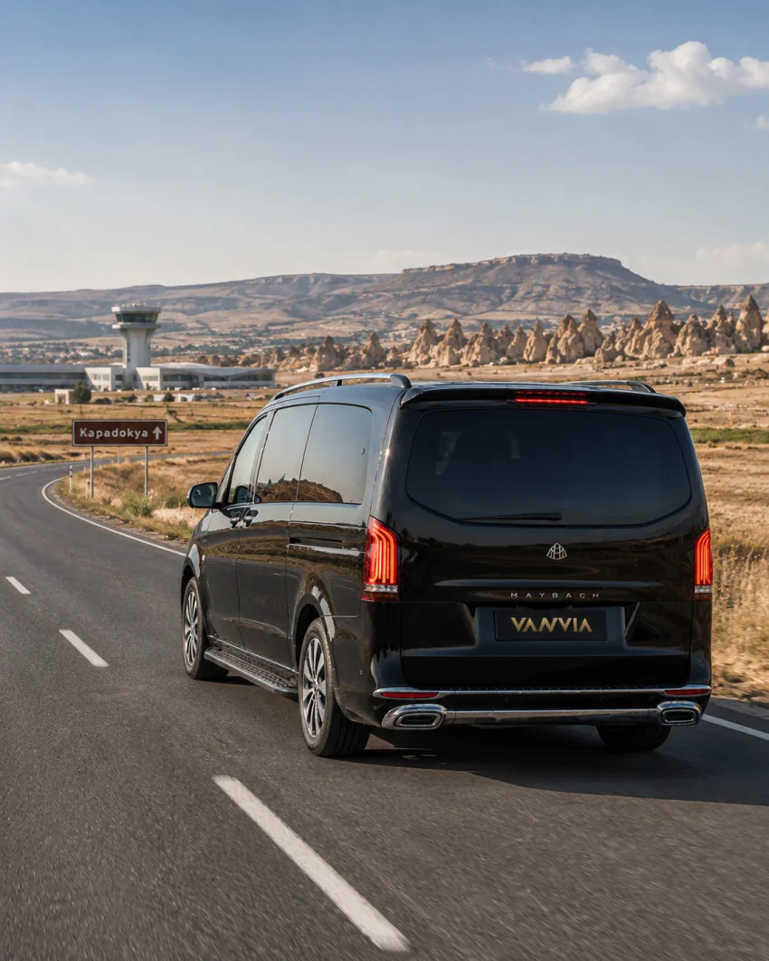 سيارة Vanvia VIP transfer تسير على طريق عام يحمل لافتة اتجاه 'كبادوكيا'، وتظهر في البعد صالة مطار NAV والمداخن الجنية، في ضوء النهار