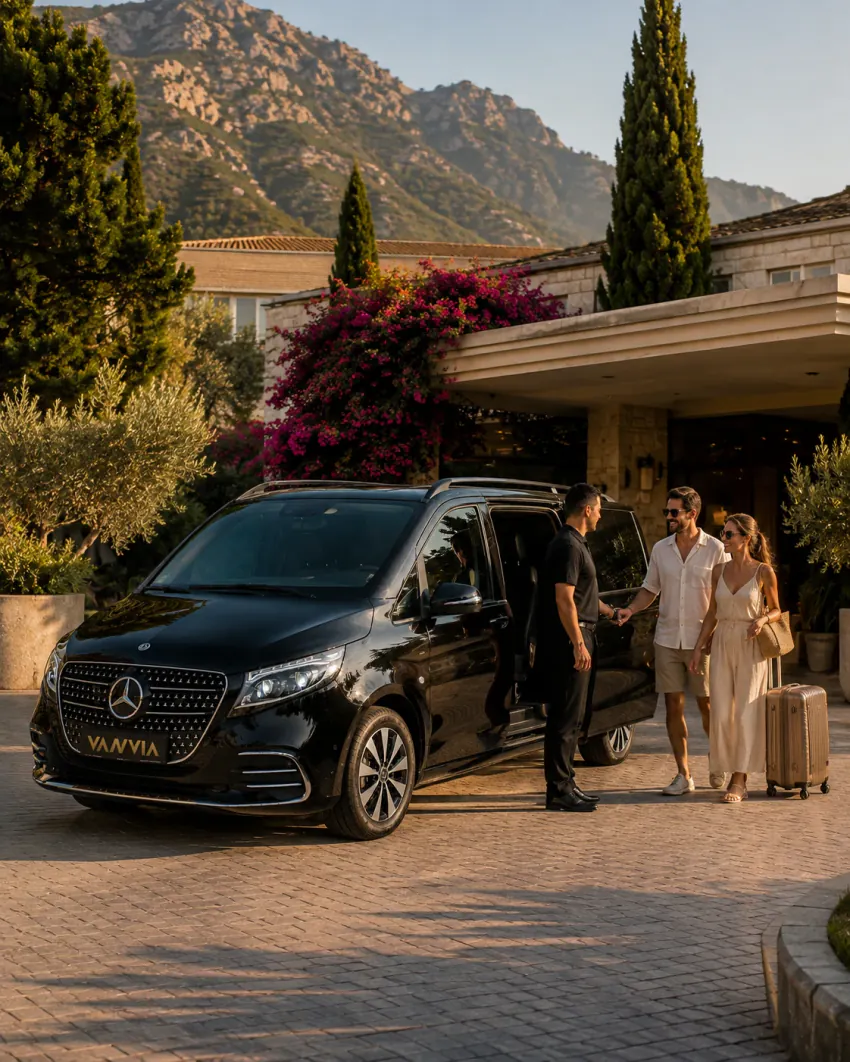 A driver loading luggage on a street near Ölüdeniz, with hillside villas in the background and the open boot of a black Vanvia VIP transfer vehicle