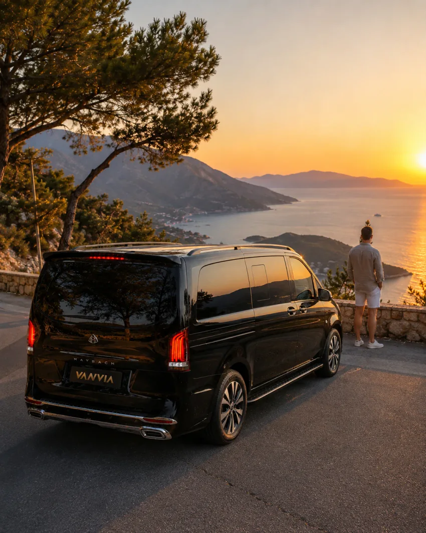 A driver greeting a couple at an Ölüdeniz hotel entrance by day, with cypress trees and a black Vanvia VIP transfer vehicle in the background