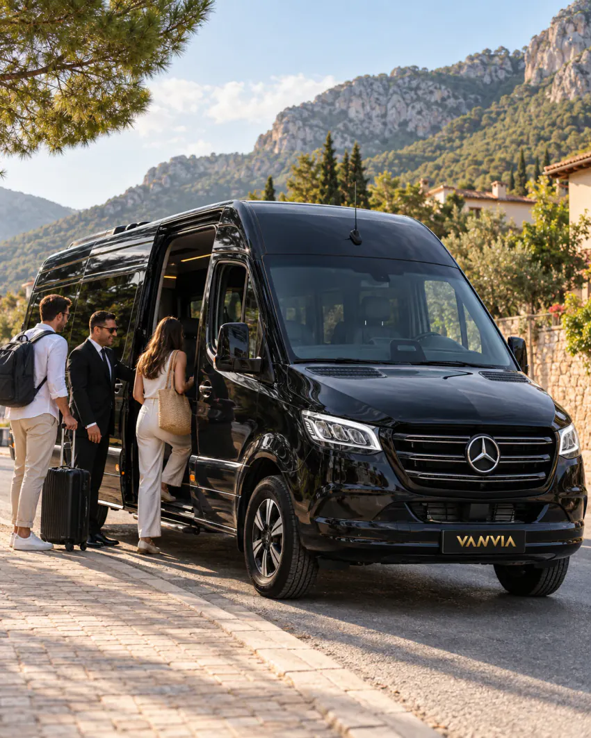 Passengers boarding a black Vanvia VIP transfer vehicle at a roadside kerb in Ölüdeniz, with jagged rocky peaks rising above pine-forested slopes, cypresses, tiled-roof houses and a stone wall behind, the driver waiting beside the open side door