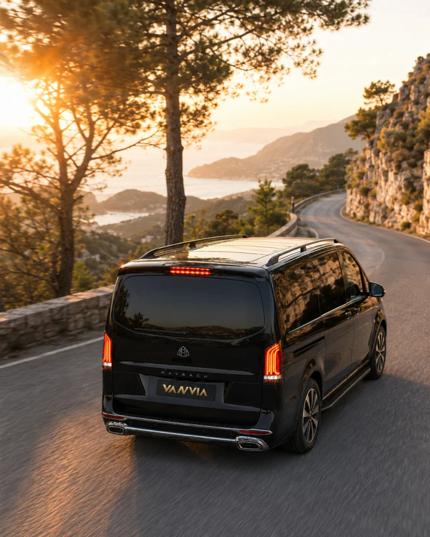 The rear view of a black Vanvia VIP transfer vehicle driving along a mountainous coastal road near Ölüdeniz at sunset, with a bay view below