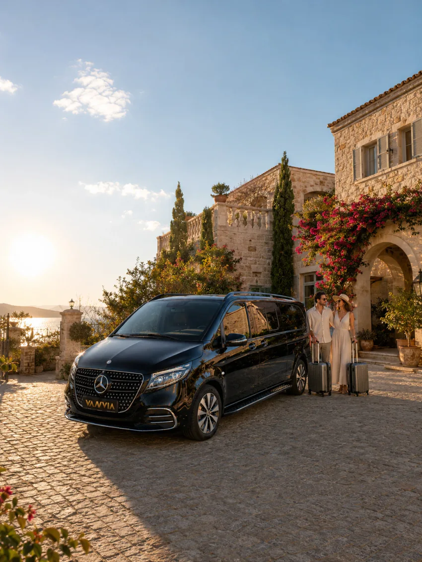A couple waiting with their luggage at a stone villa entrance at sunset, with a black Vanvia vehicle ready for the hotel transfer