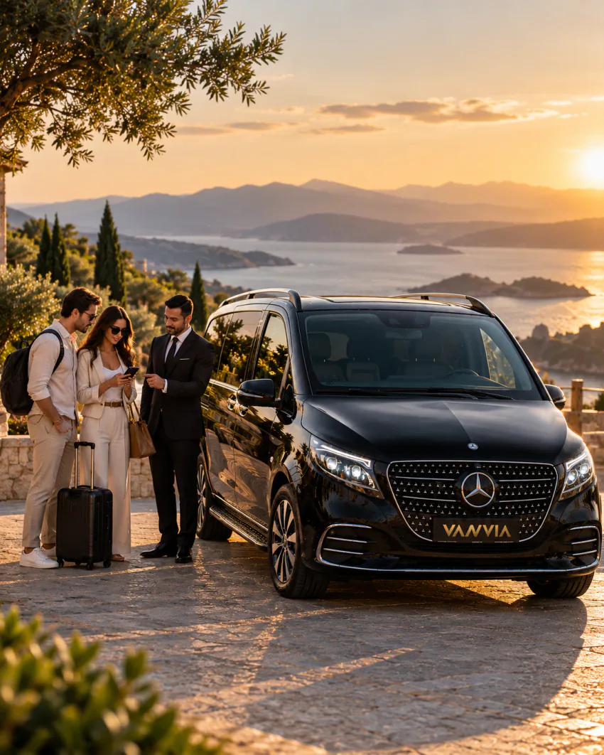 VIP-Transfer-Ratgeber: Auf einem gepflasterten Aussichtspunkt über einer Bucht zeigt ein Chauffeur bei Sonnenuntergang zwei Reisenden, einer mit Rollkoffer, einen Handybildschirm, daneben ein schwarzes Vanvia-Fahrzeug