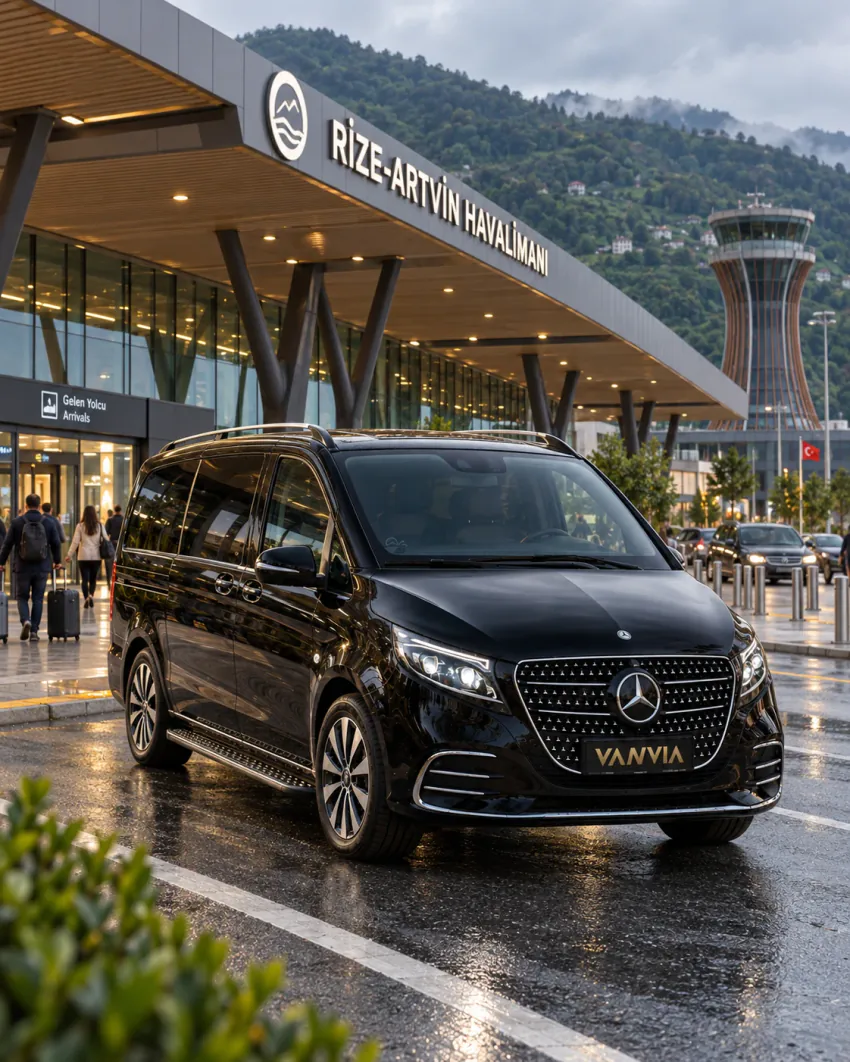 سيارة Vanvia VIP transfer سوداء تنتظر على رصيف مبلَّل بالمطر تحت المظلة أمام مبنى صالة مطار رايزة-أرتفين، وتظهر لافتة المطار في الأعلى وبرج المراقبة والتلال الحرجية في الخلفية