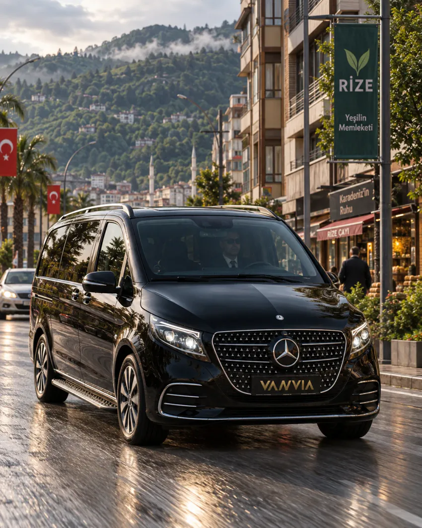 سيارة Vanvia VIP transfer سوداء تسير في شارع مبلَّل بمدينة رايزة تصطفّ فيه أشجار النخيل والمباني، وترتفع في الخلفية تلال خضراء يكسوها الضباب