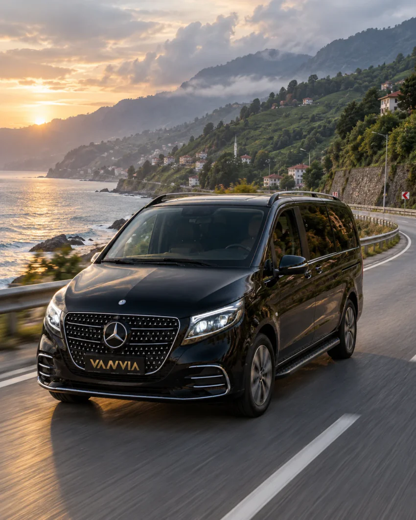 سيارة Vanvia VIP transfer سوداء تسير على طريق ساحلي مزوّد بحاجز حماية في ضوء شمس منخفض، والبحر الأسود على اليسار ومنحدر حرجي عليه منازل على اليمين