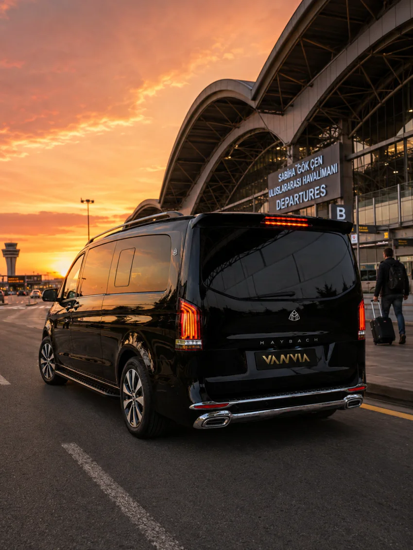 Schwarzes Vanvia-VIP-Transferfahrzeug vor dem Terminal des Flughafens Sabiha Gökçen
